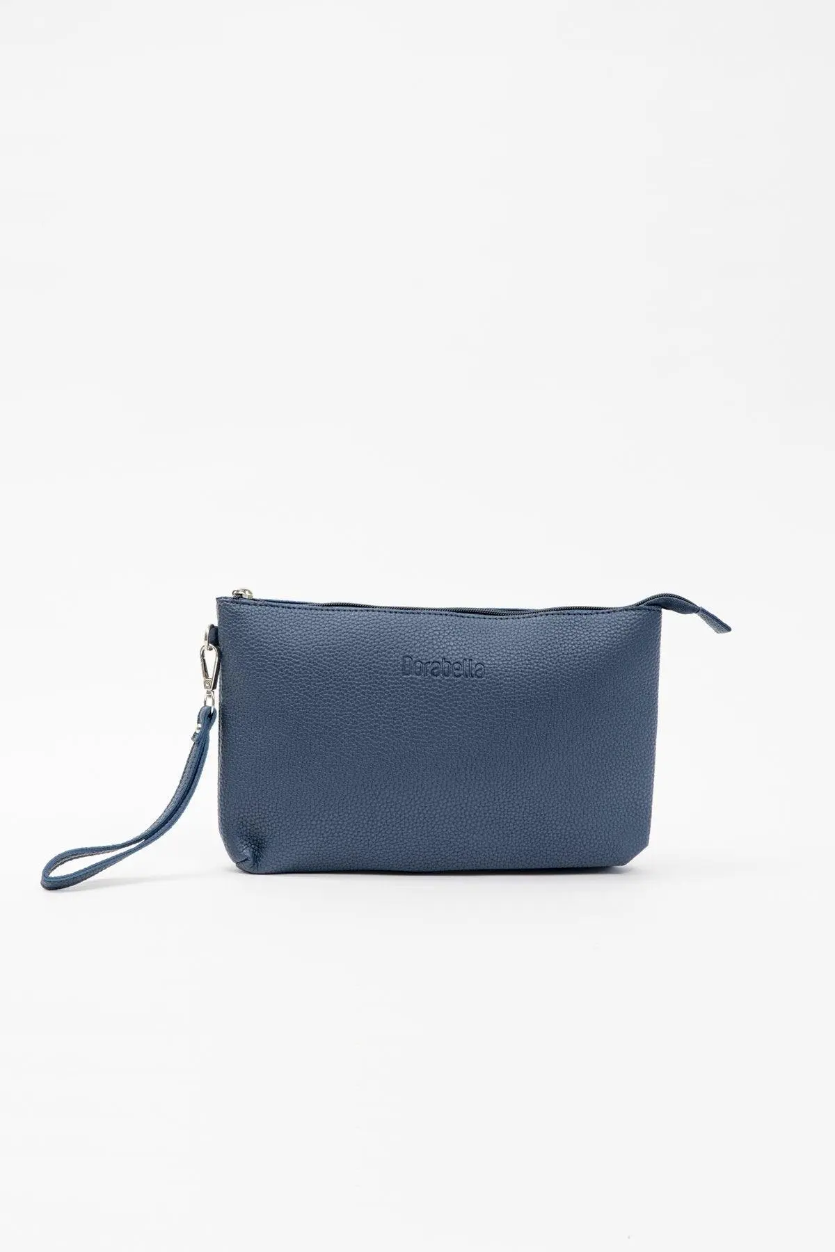 Clutch in ecopelle a grana con logo sul davanti e cinturino da polso BLU-NAVY