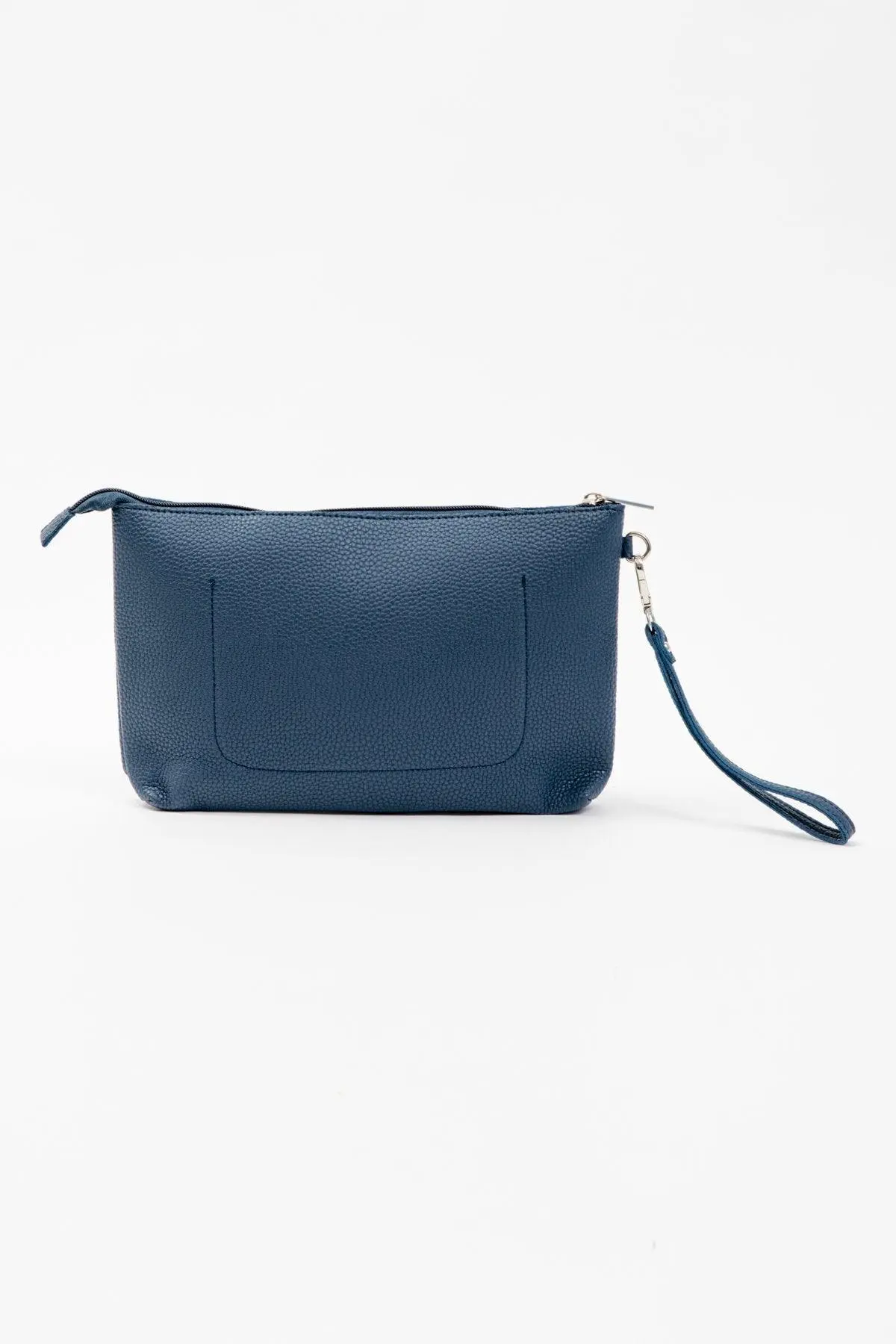 Clutch in ecopelle a grana con logo sul davanti e cinturino da polso BLU-NAVY - Image 3