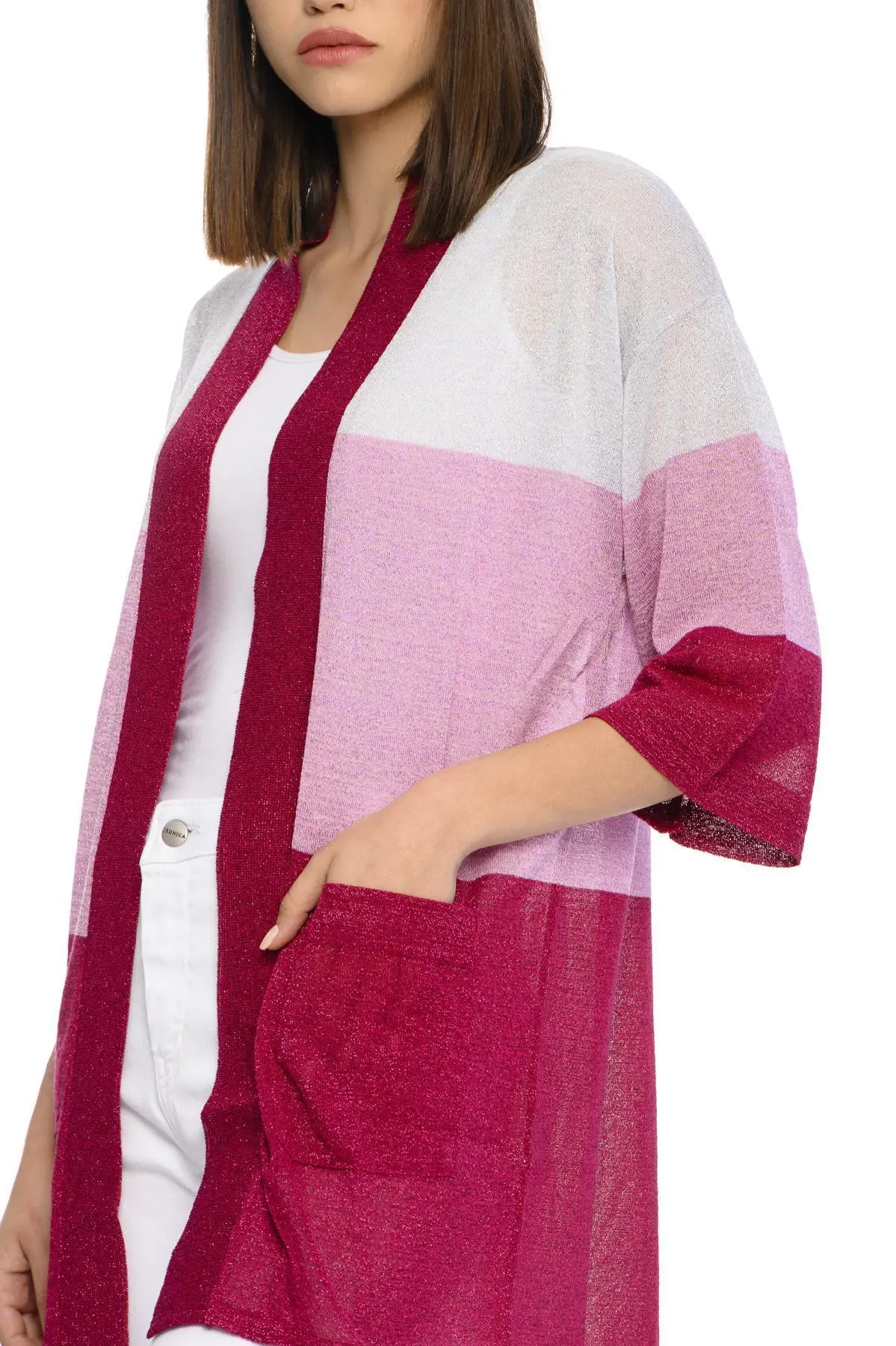 Cardigan righe e lurex MAGENTA - Image 2