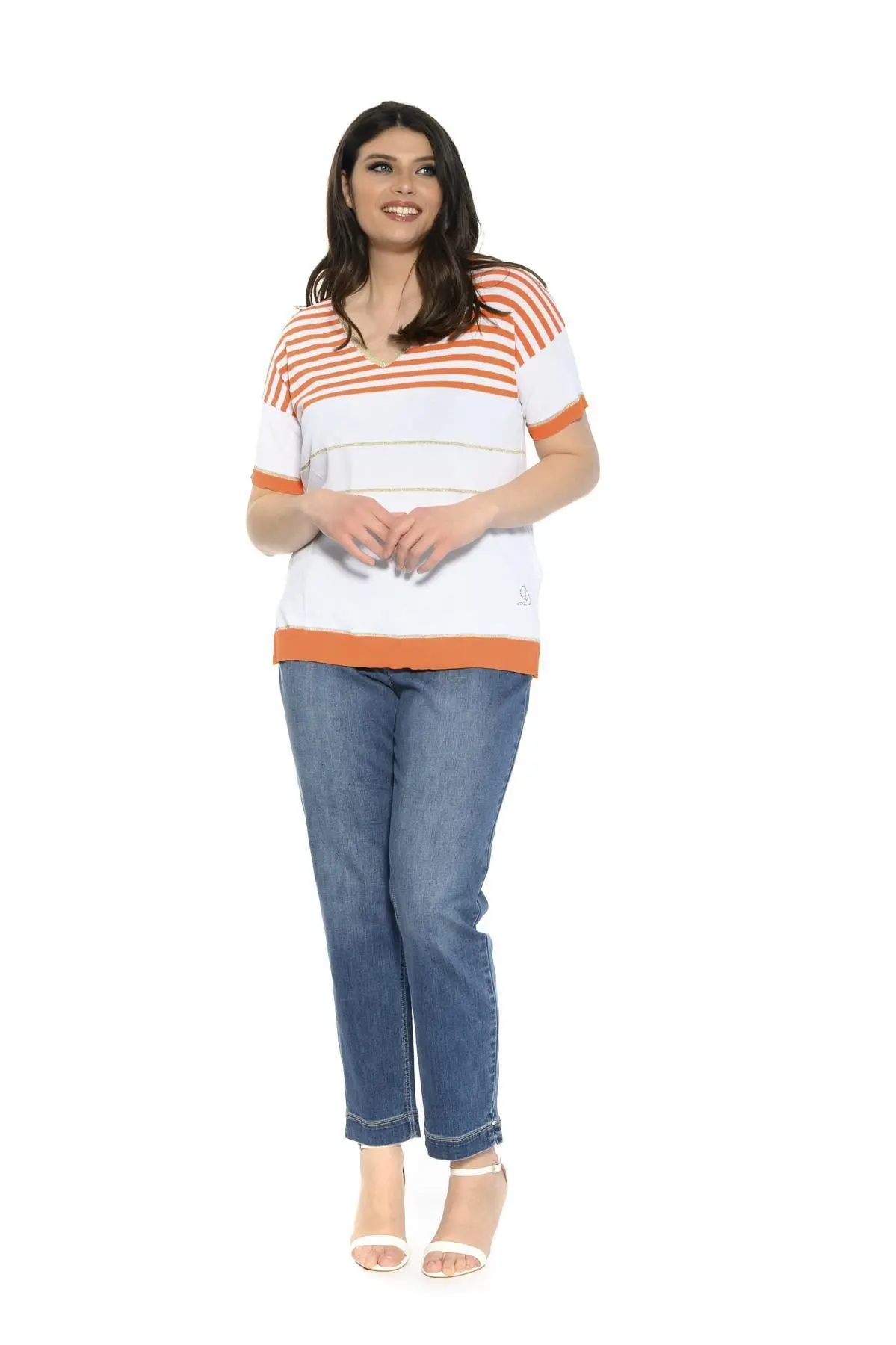 Maglia scollo a V fantasia a righe ARANCIO - Image 4