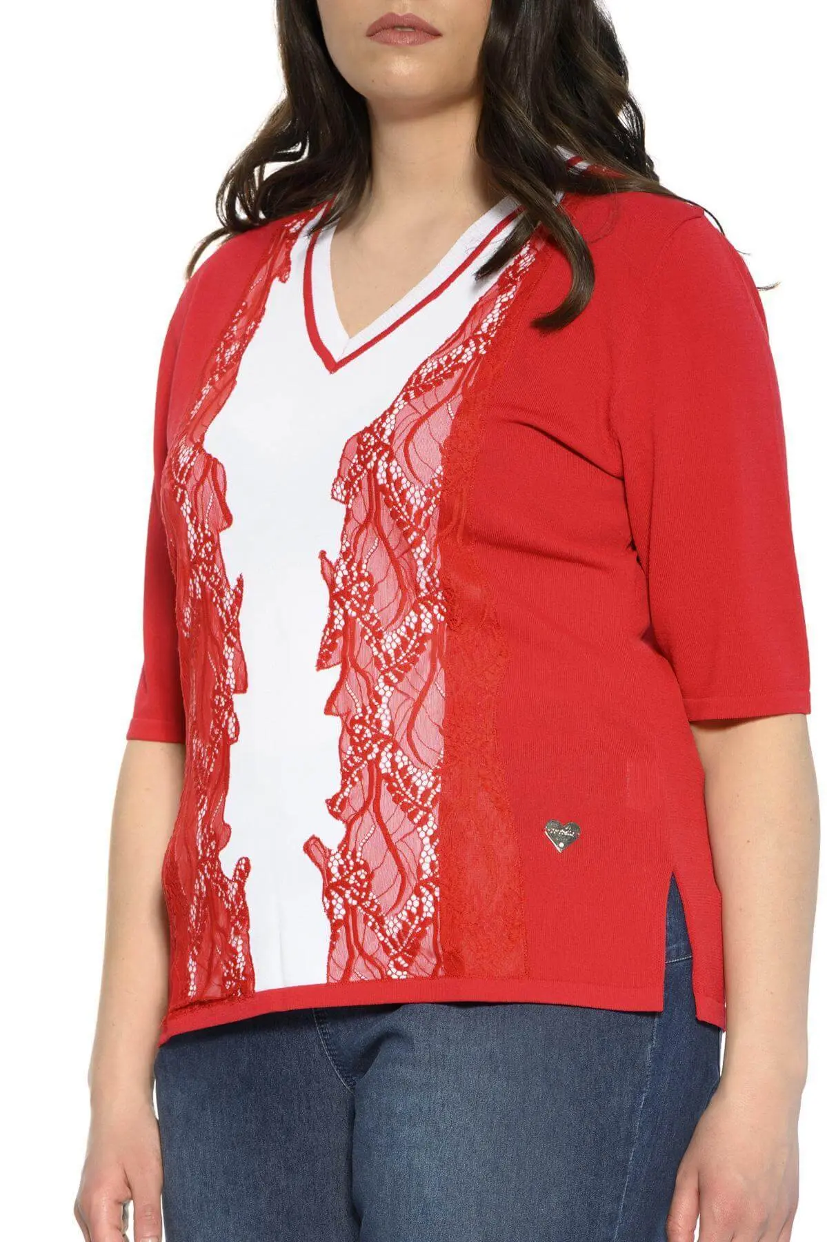 Maglia scollo a V e pizzo ROSSO - Image 3