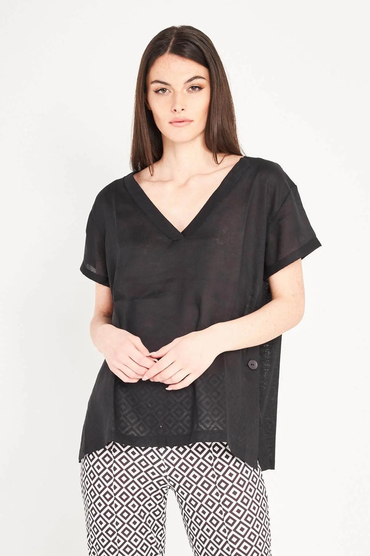 Blusa combinata in lino e jersey di misto viscosa tinta unita con scollo a V e dettaglio bottoni. NERO - Image 2