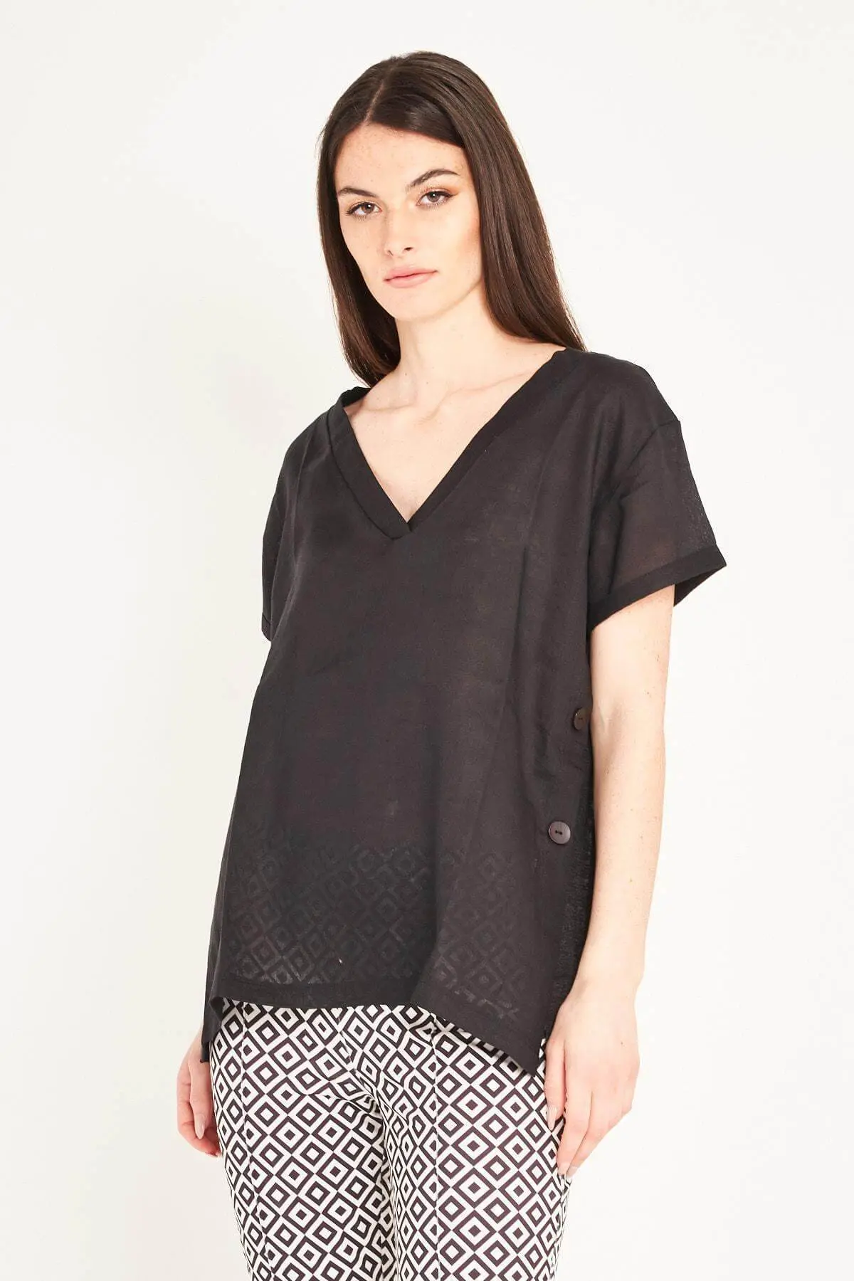 Blusa combinata in lino e jersey di misto viscosa tinta unita con scollo a V e dettaglio bottoni. NERO - Image 3