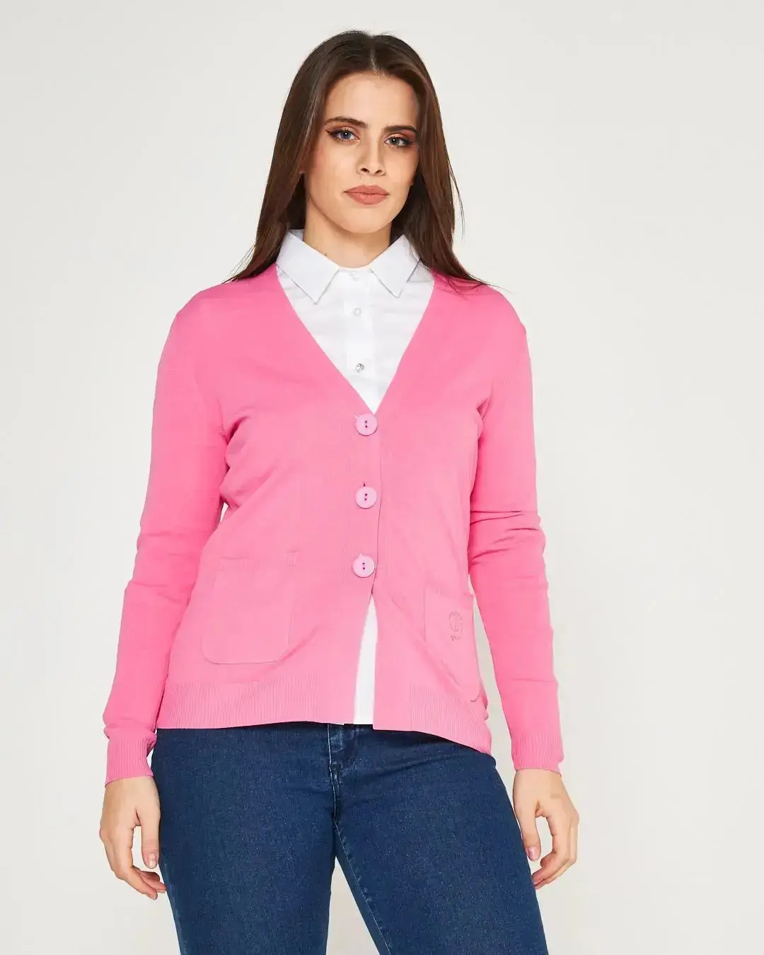 Cardigan scollo a V in maglia di misto viscosa con logo in strass. - Image 16
