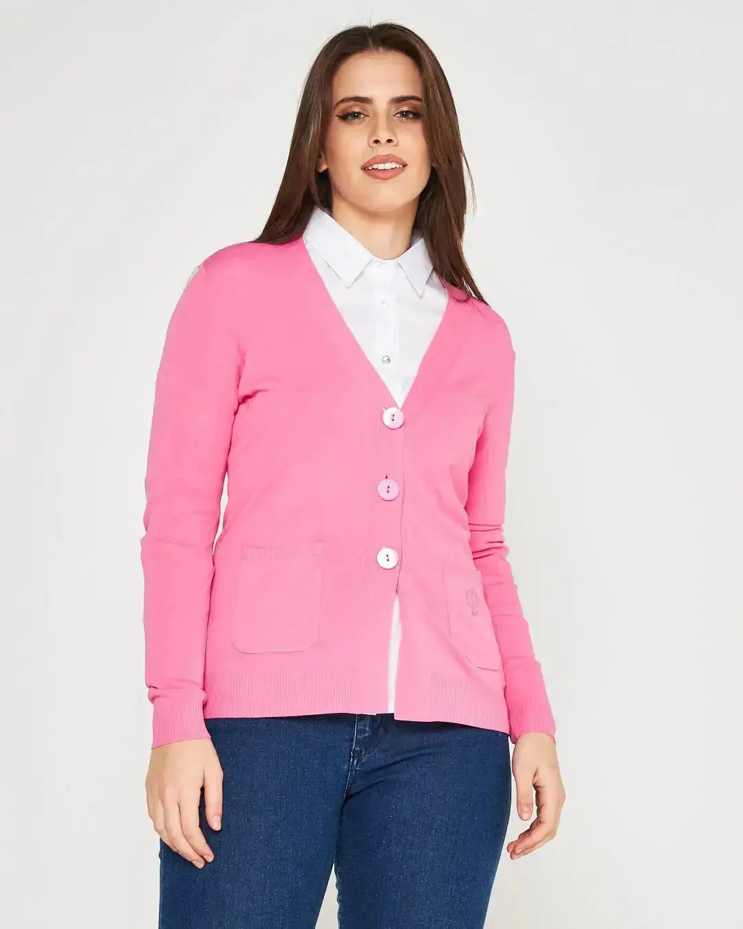 Cardigan scollo a V in maglia di misto viscosa con logo in strass. - Image 17