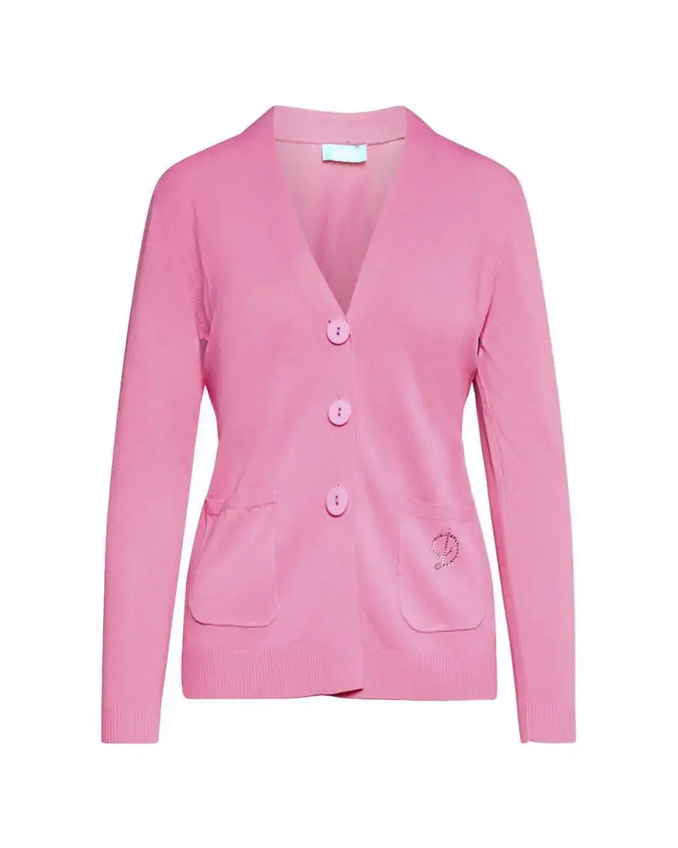 Cardigan scollo a V in maglia di misto viscosa con logo in strass. - Image 22