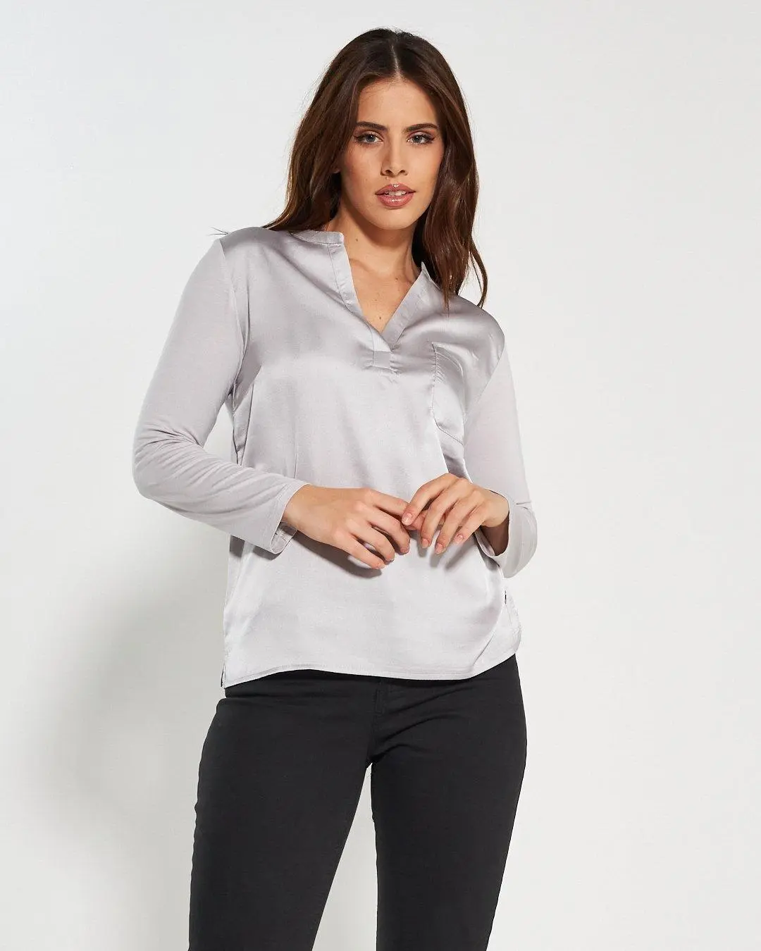 Blusa bi-materiale GRIGIO PERLA - Image 4