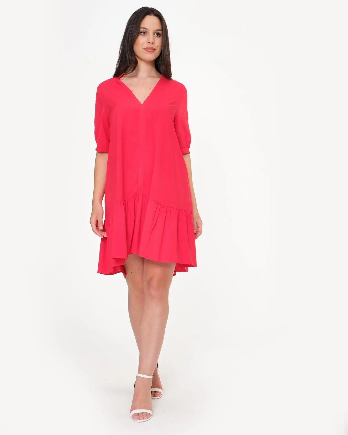 Blusa coreana fantasia con scollo a V e manica ad aletta FRAGOLA