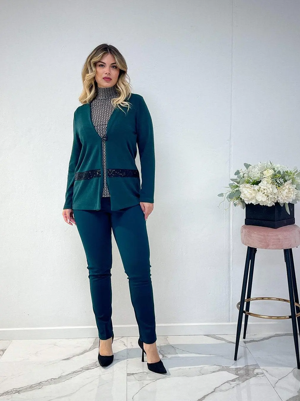 Cardigan dettaglio paillettes VERDE BOSCO