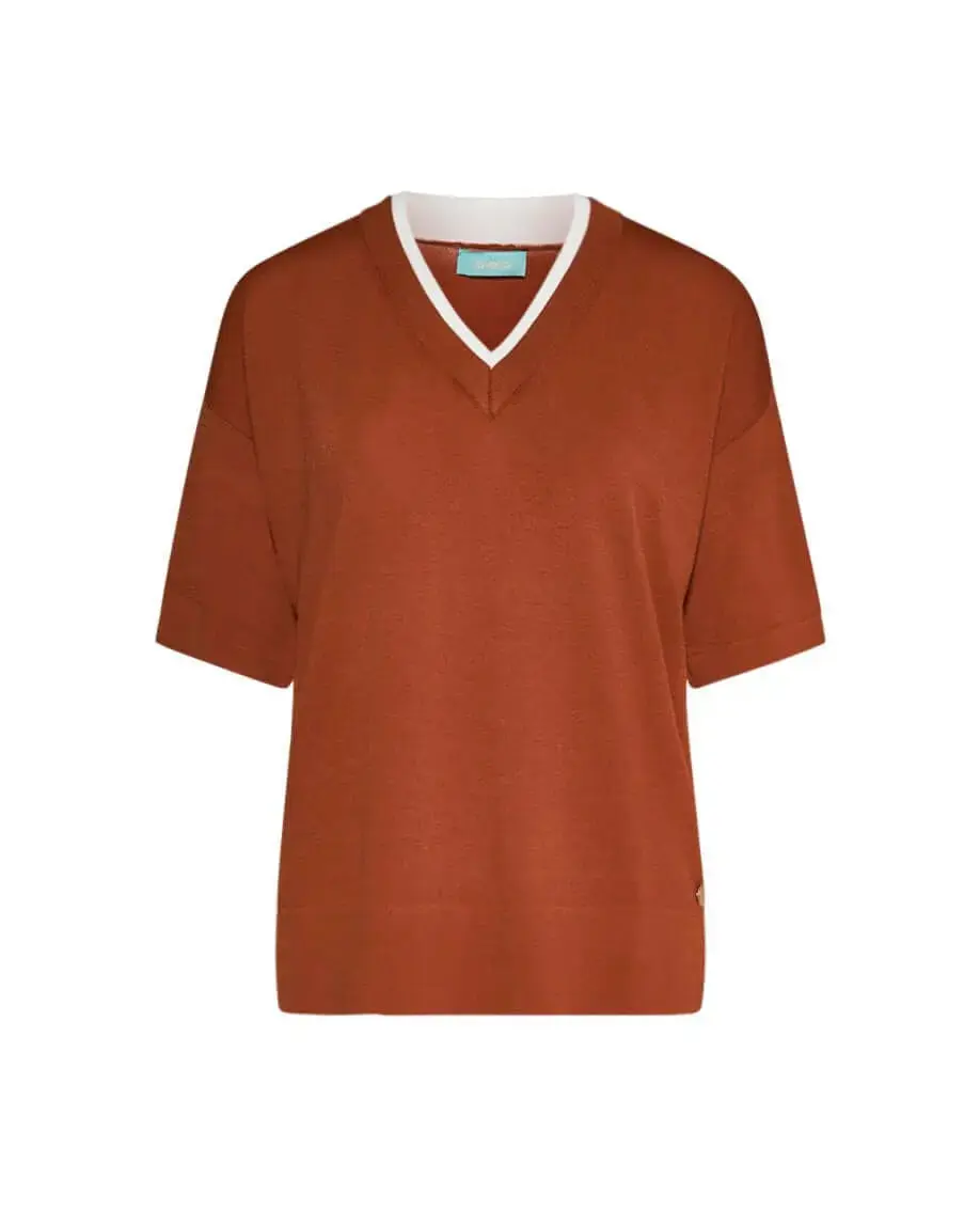 Maglia in filato di misto viscosa tinta unita con scollo a V bi-colore SAFARI
