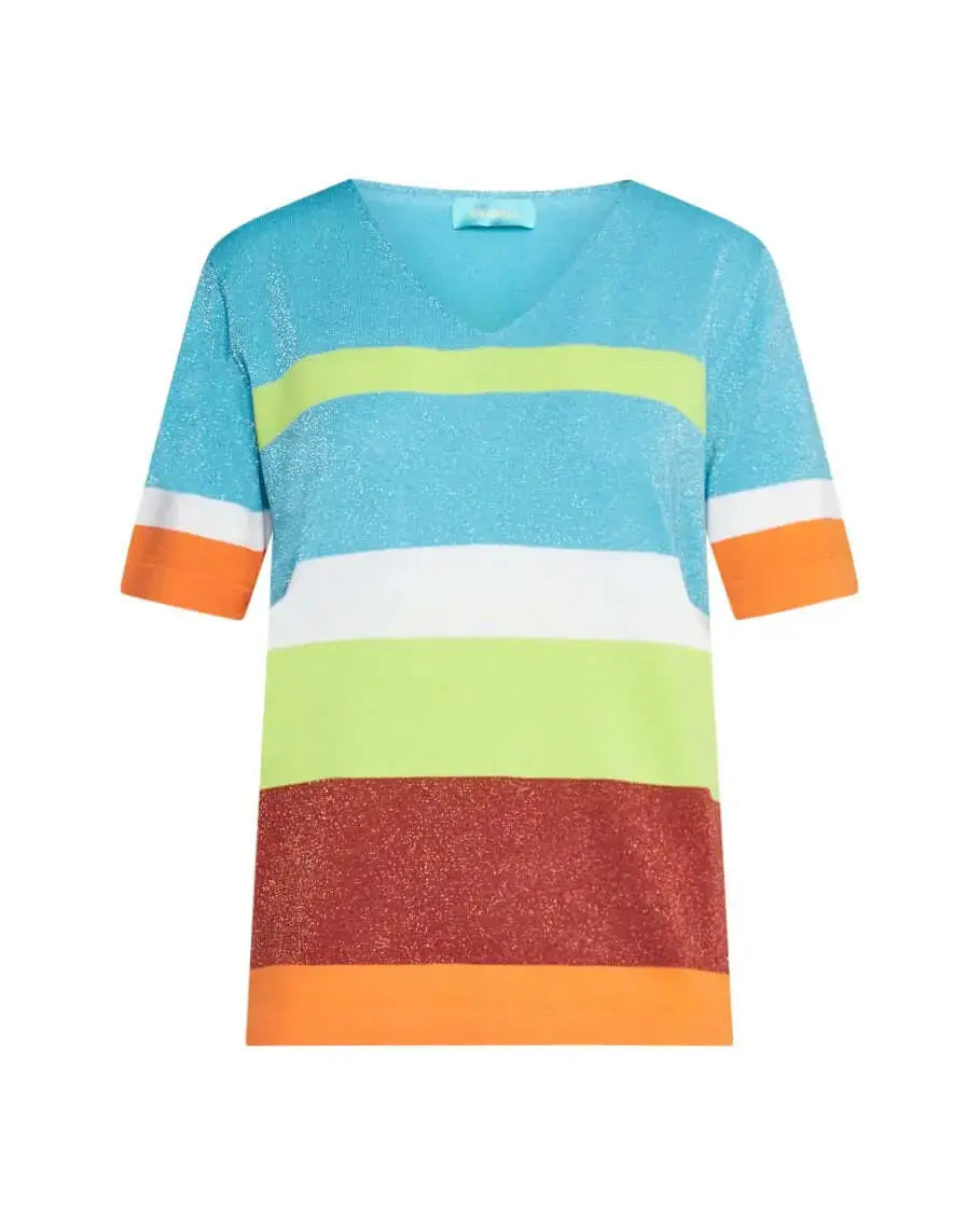 Maglia scollo a V in filato di misto viscosa a righe lurex MULTICOLOR