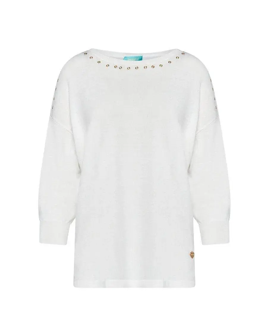Maglia scollo a barca in filato di misto viscosa con borchie BIANCO