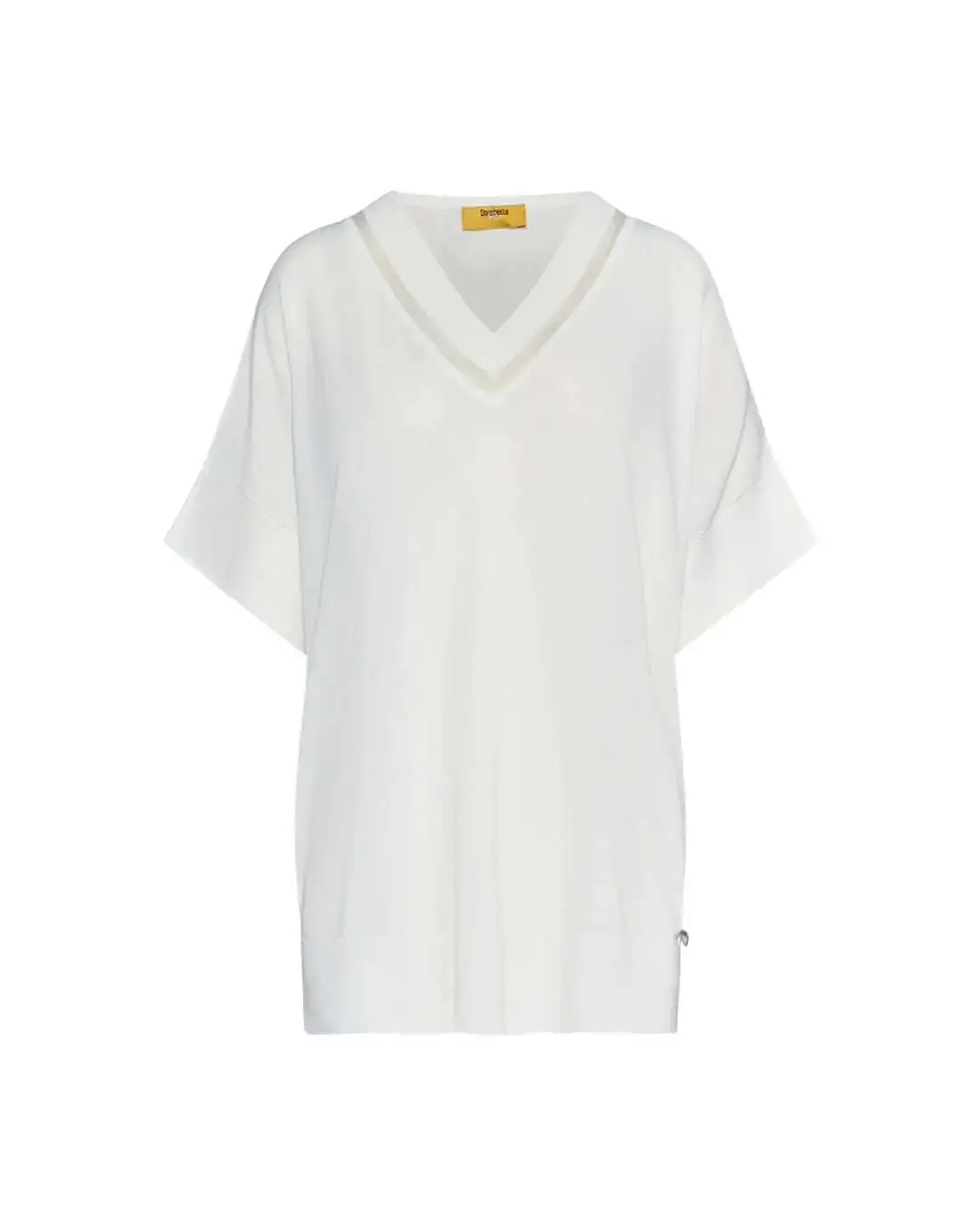 Maglia con manica kimono in filato di misto viscosa con inserto in tulle sullo scollo a V BIANCO