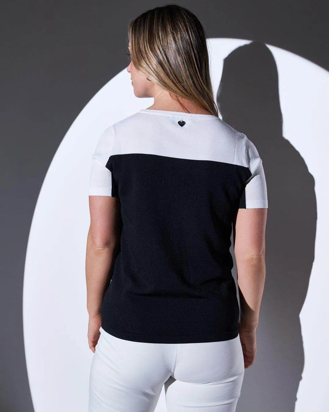 Maglia a maniche corte in filato di misto viscosa bi-colore con applicazione di strass NERO - Image 4