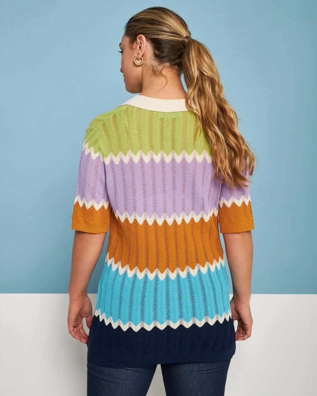 Maglia polo in filato di misto viscosa traforata con motivo chevron BLU - Image 4