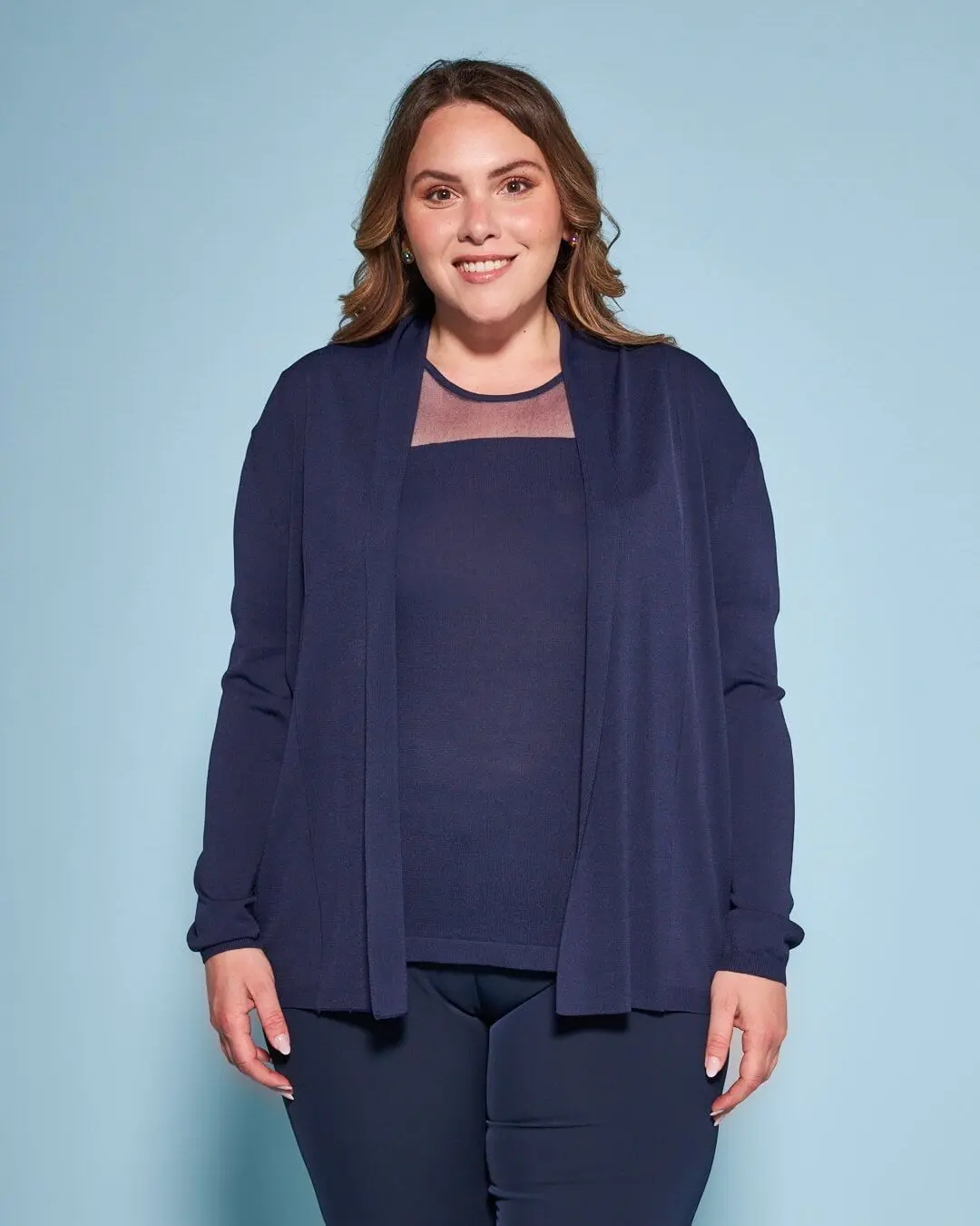 Cardigan aperto in maglia di misto viscosa con logo in strass BLU - Image 3