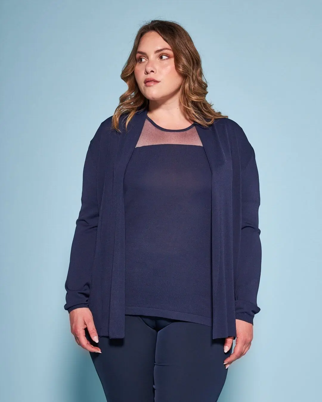 Cardigan aperto in maglia di misto viscosa con logo in strass BLU - Image 4