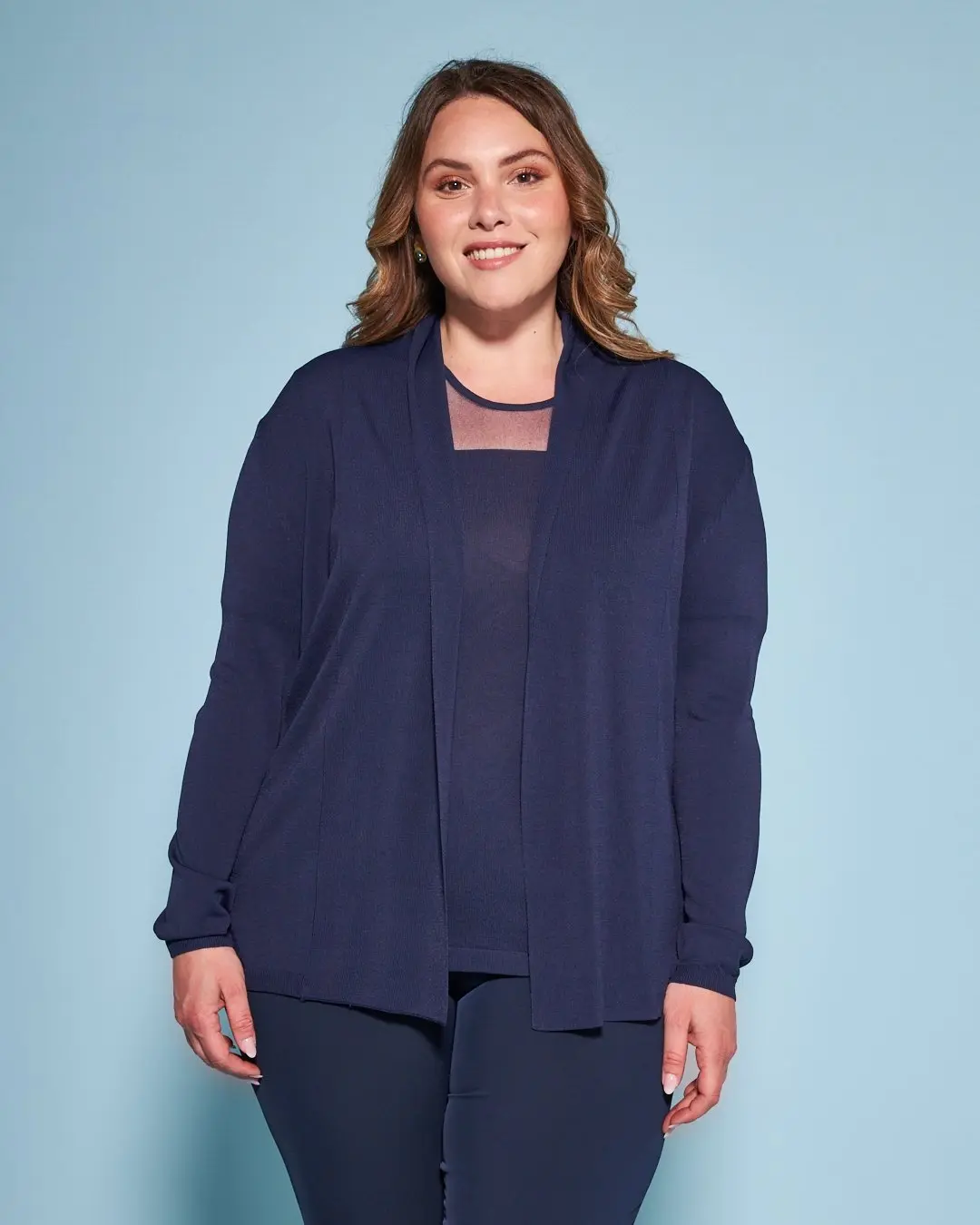 Cardigan aperto in maglia di misto viscosa con logo in strass BLU - Image 5