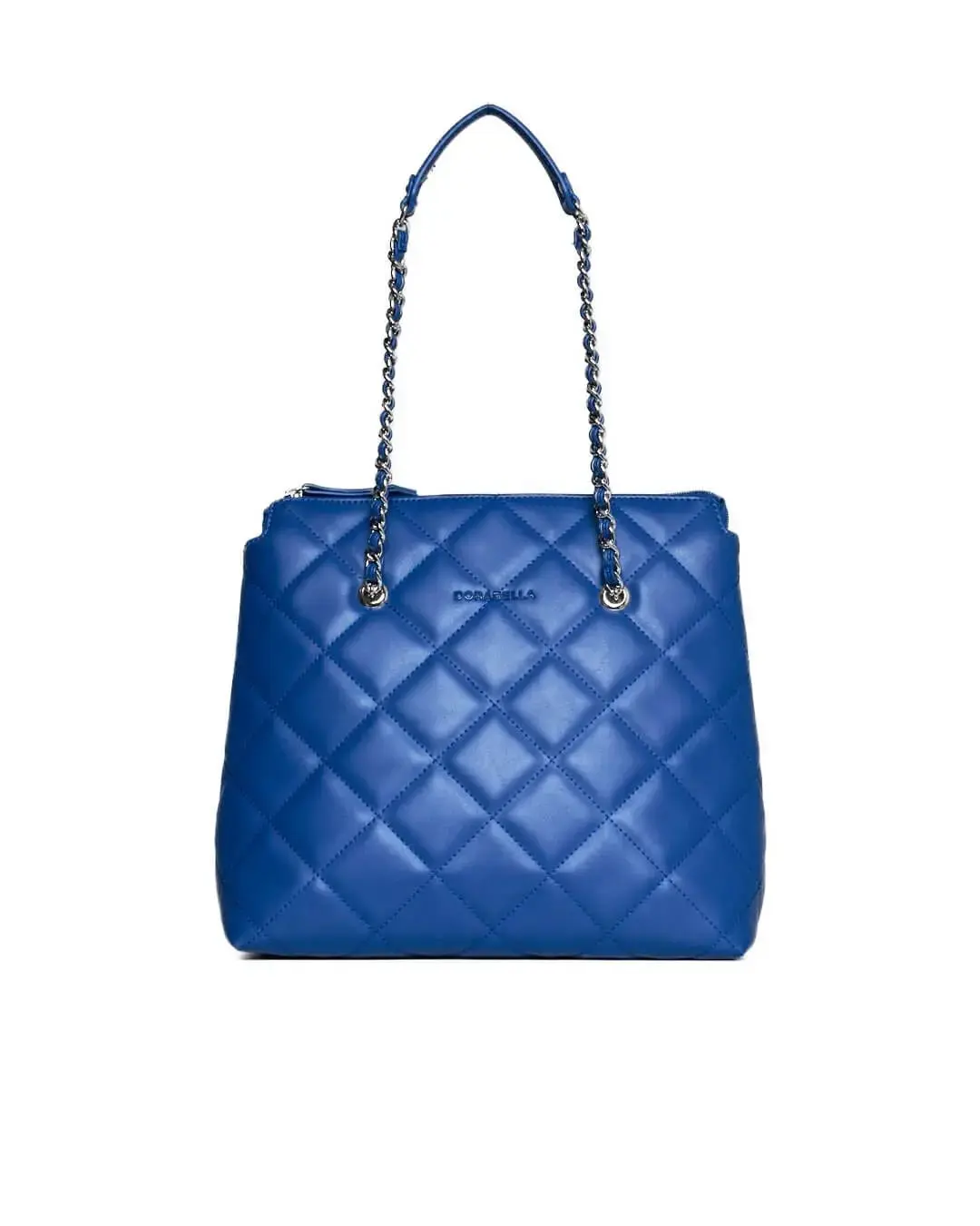 Borsa shopper media in ecopelle matelassé con manici a catena BLU CHIARO