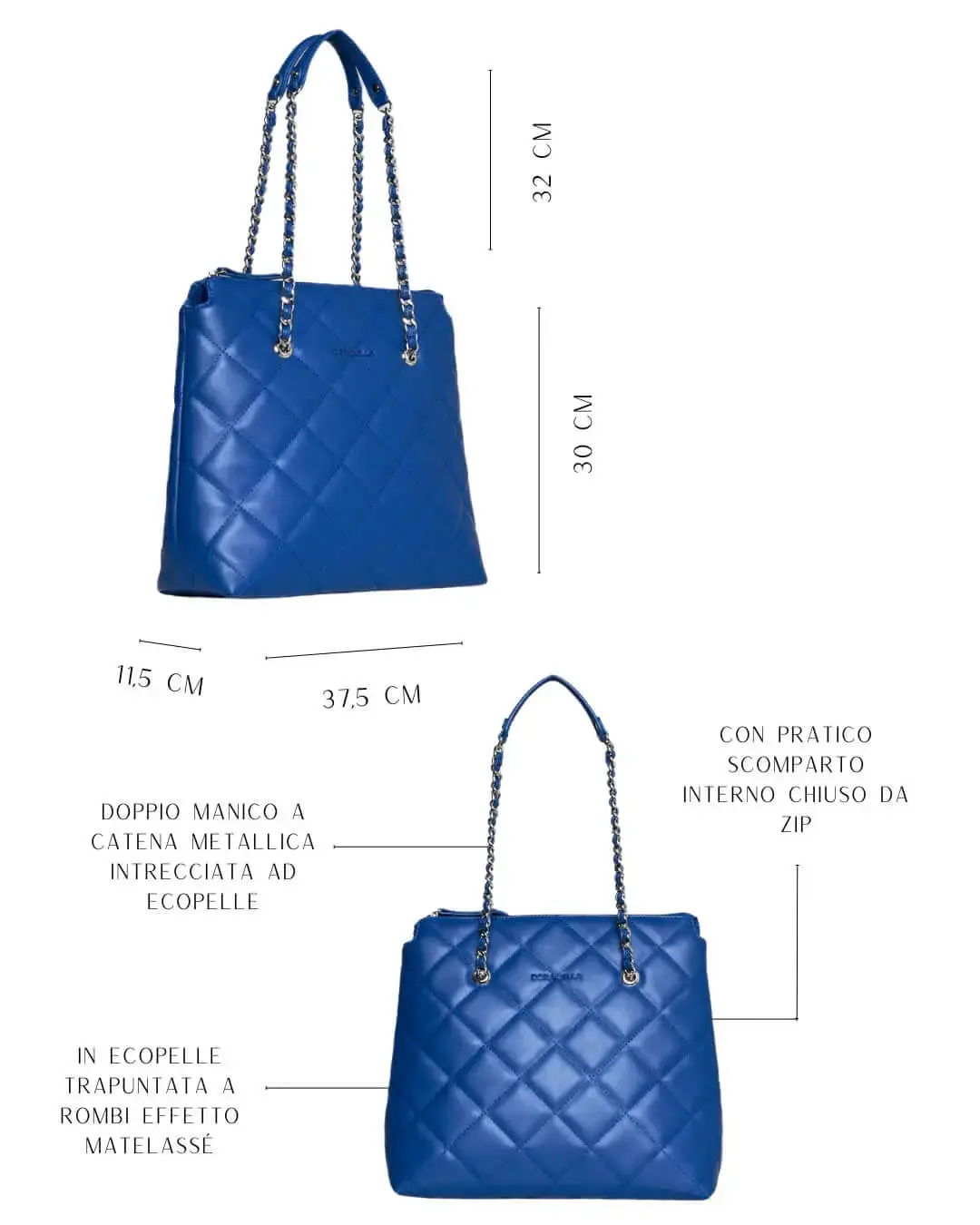 Borsa shopper media in ecopelle matelassé con manici a catena BLU CHIARO - Image 3