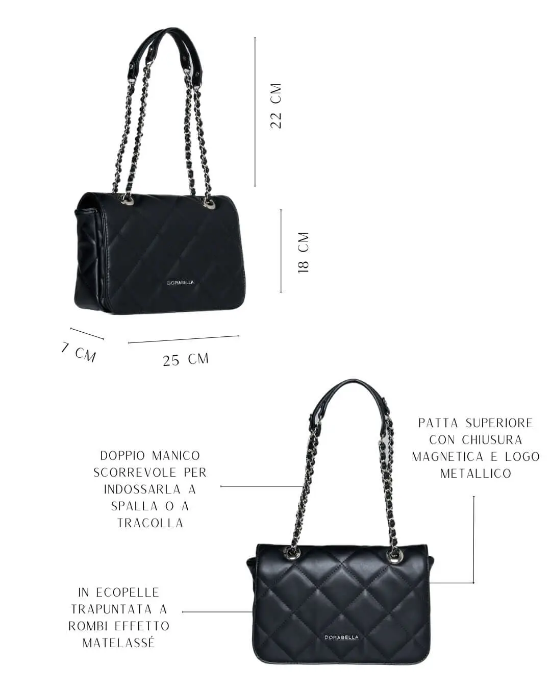 Borsa piccola a spalla in ecopelle matelassé con manici a catena NERO - Image 2