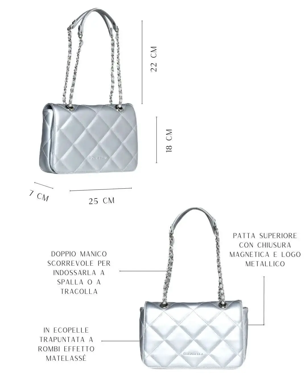 Borsa piccola a spalla in ecopelle matelassé con manici a catena ARGENTO - Image 3