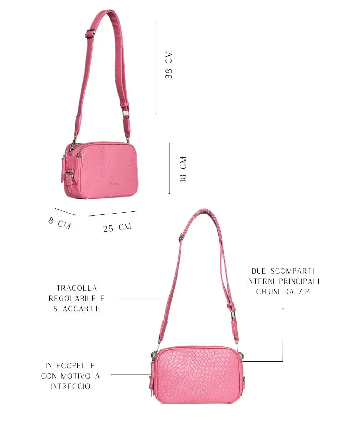 Borsa a spalla piccola in ecopelle con motivo ad intreccio con tracolla regolabile ROSA - Image 3