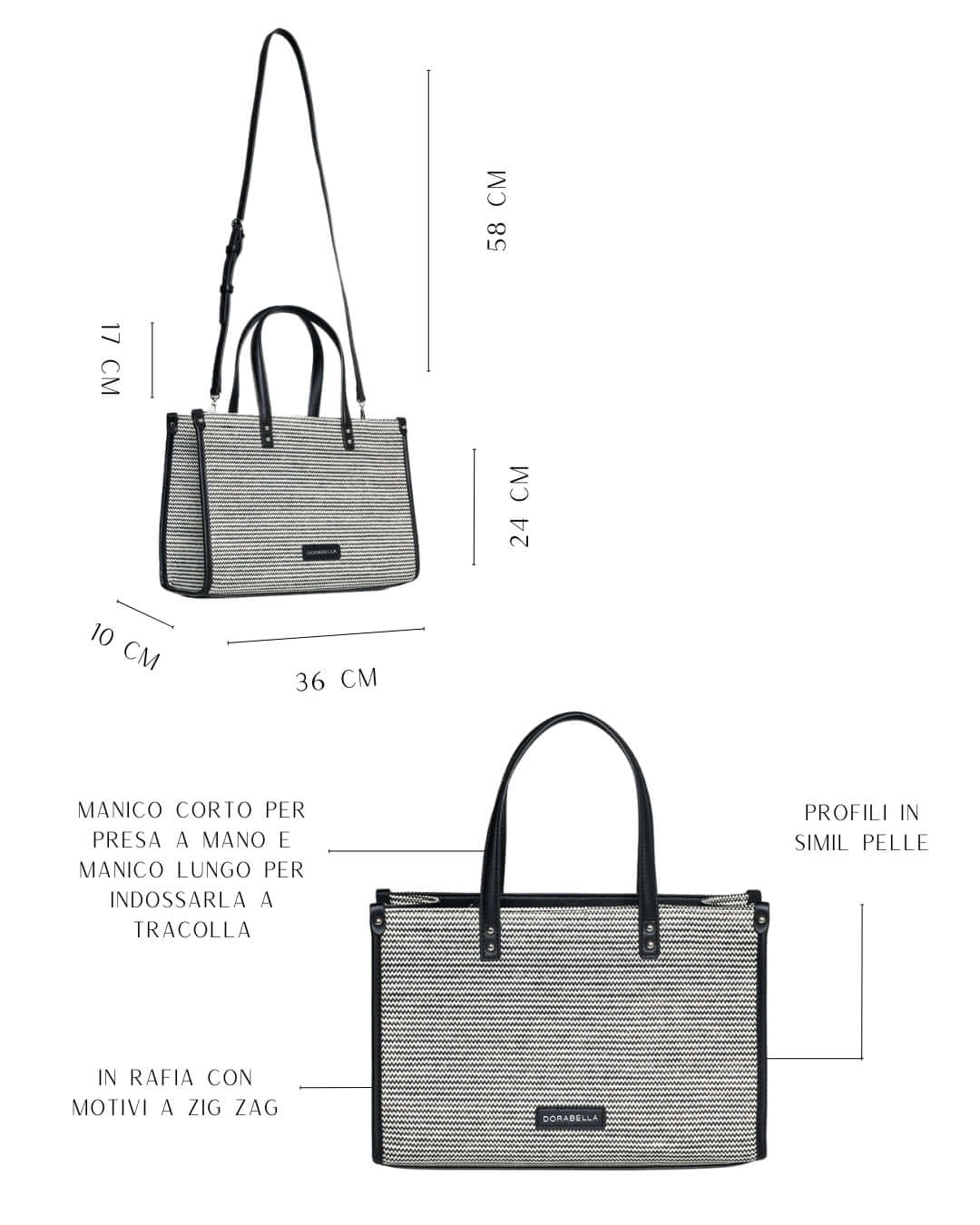 Borsa in rafia con motivo zig-zag e profili in similpelle NERO - Image 2