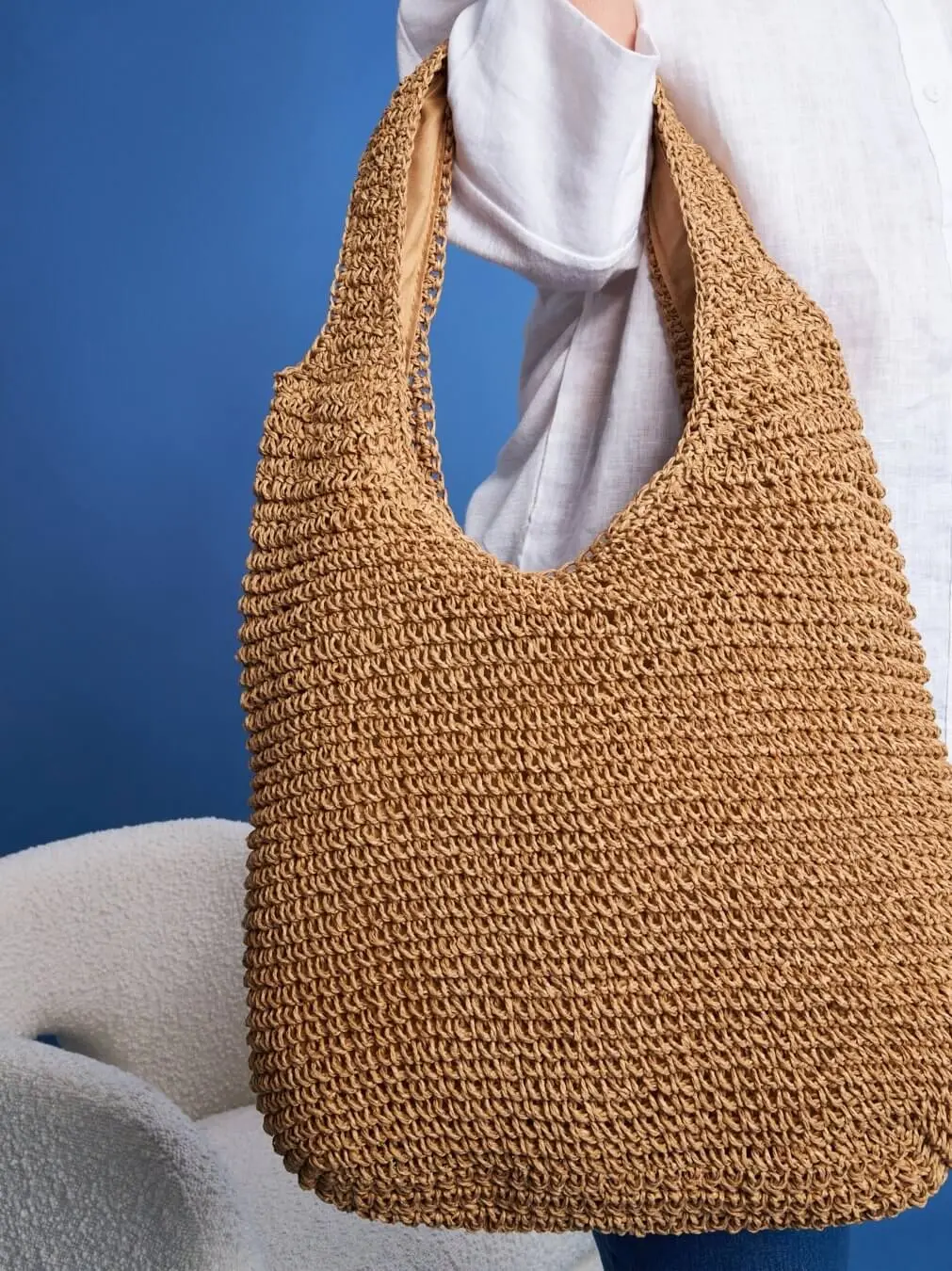 Borsa shopper modello hobo in rafia con doppio manico BEIGE