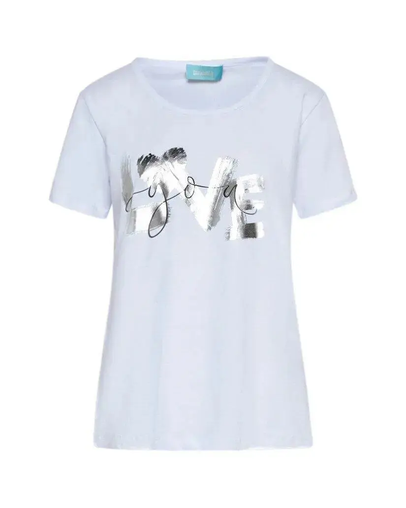 T-shirt in jersey di cotone elasticizzato con stampa LOVE BIANCO