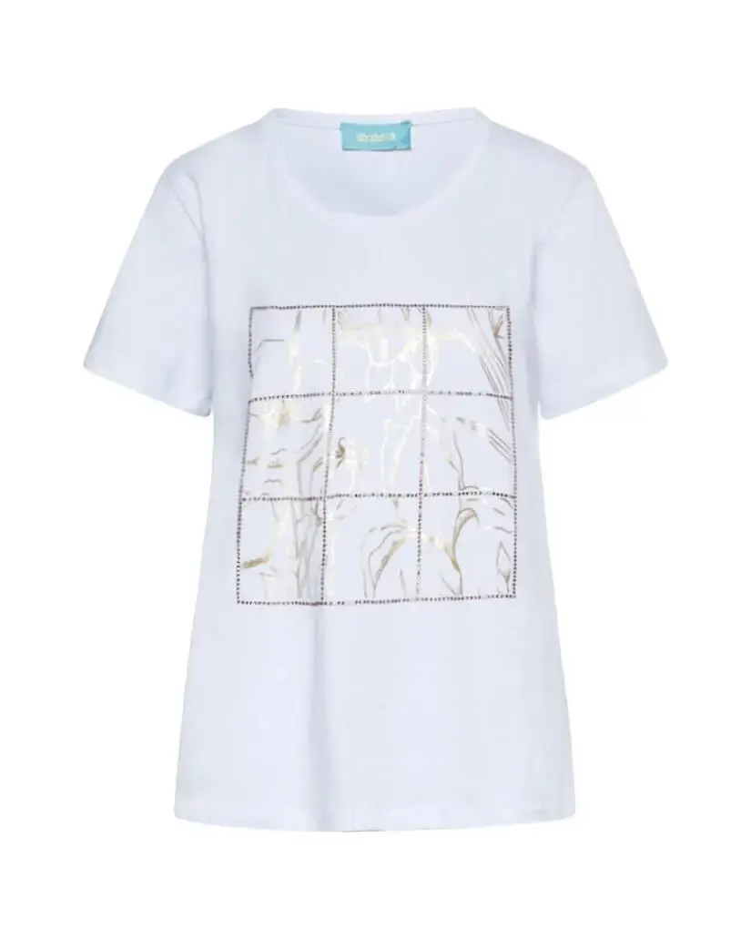 T-shirt in jersey di cotone elasticizzato con stampa e strass BIANCO