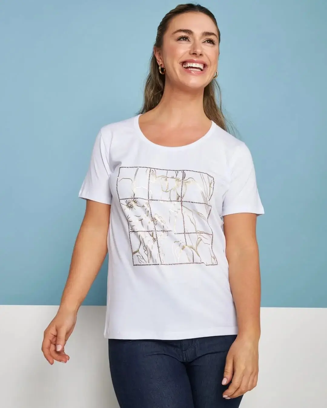 T-shirt in jersey di cotone elasticizzato con stampa e strass BIANCO - Image 2