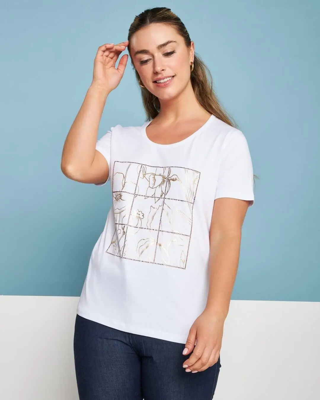 T-shirt in jersey di cotone elasticizzato con stampa e strass BIANCO - Image 3