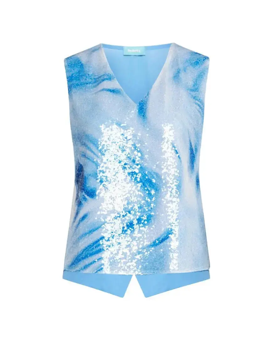 Top smanicato in tulle ricamato di paillettes con fantasia astratta sfumata ed inserti in georgette AZZURRO
