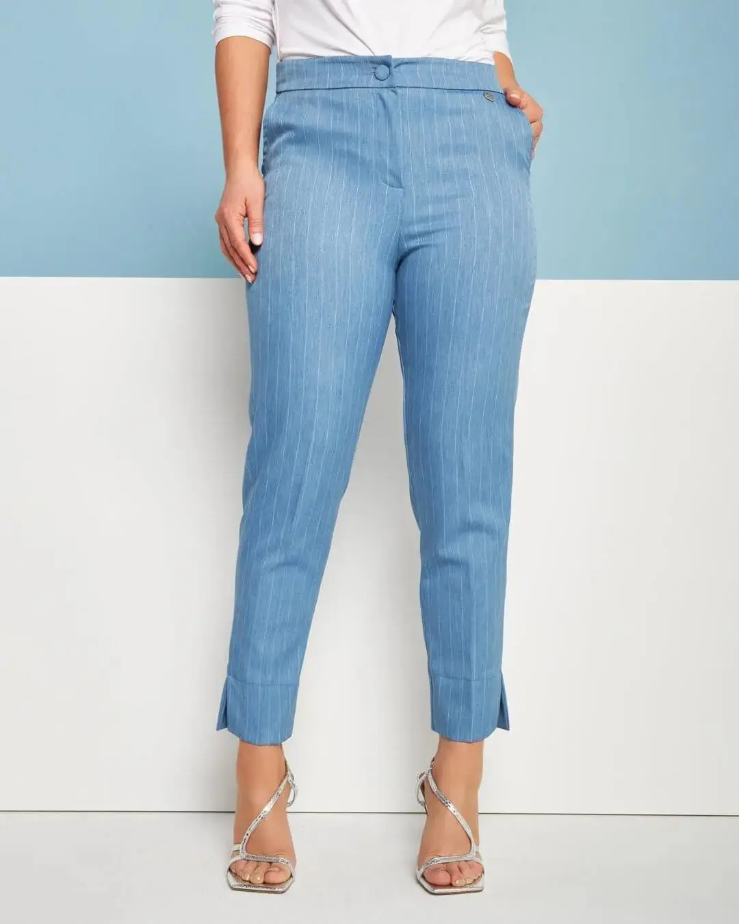 Pantalone a sigaretta in chambray gessato con tasca america DENIM - Image 2