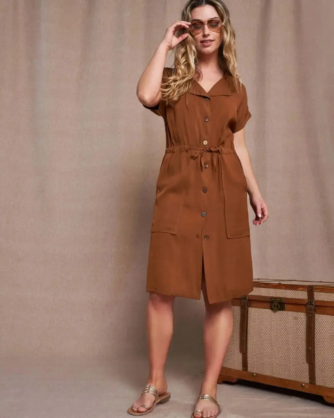 Abito midi in twill di misto viscosa con coulisse in vita MORO - Image 2