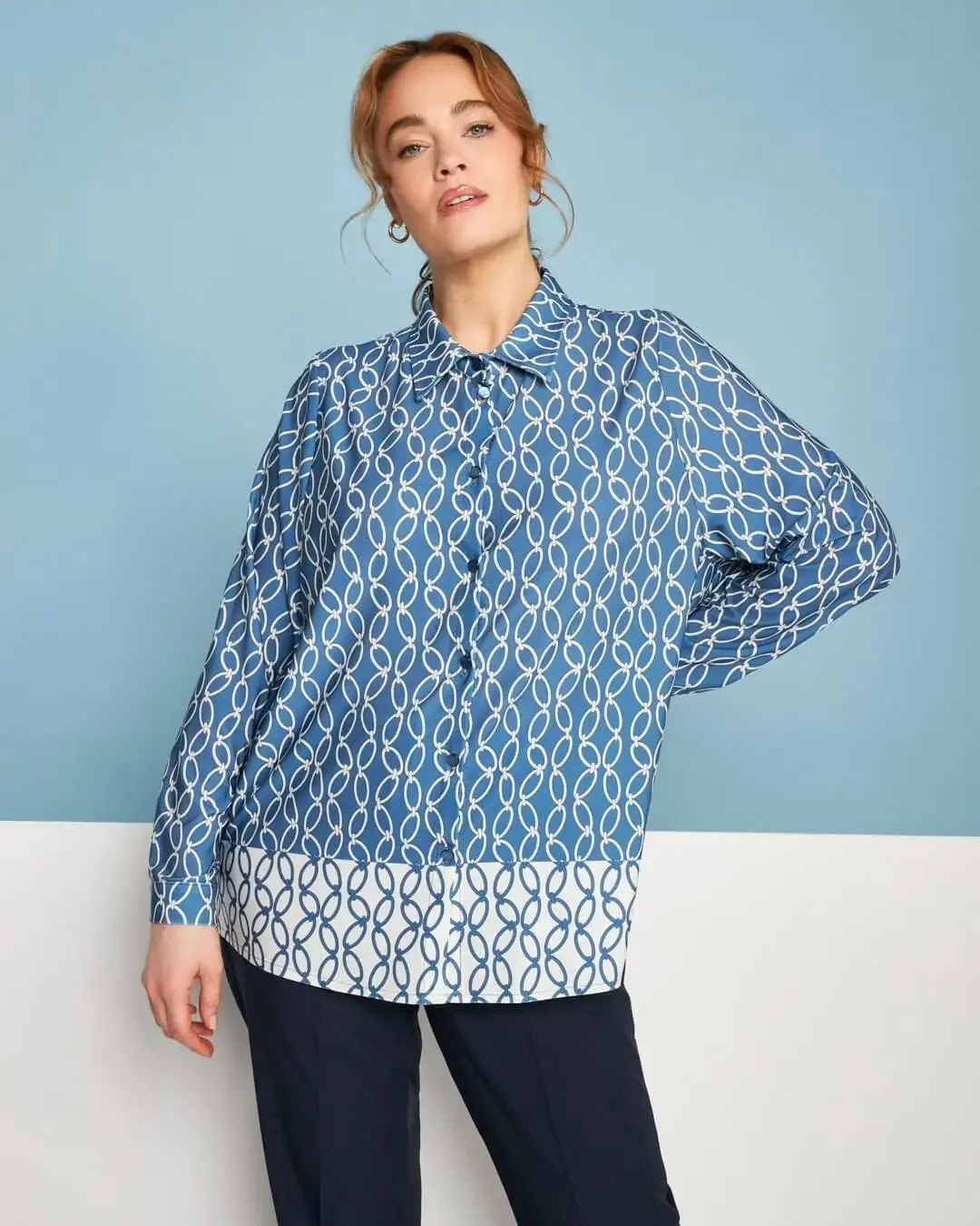 Camicia a maniche lunghe in jersey elasticizzato bi-colore con fantasia catena DENIM - Image 2
