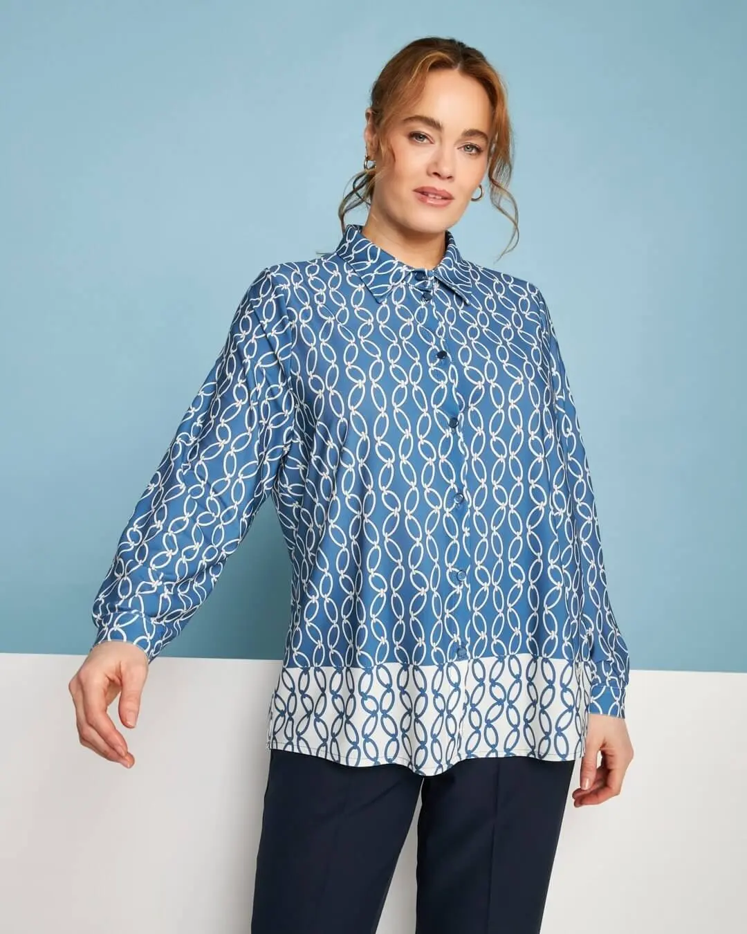 Camicia a maniche lunghe in jersey elasticizzato bi-colore con fantasia catena DENIM - Image 3