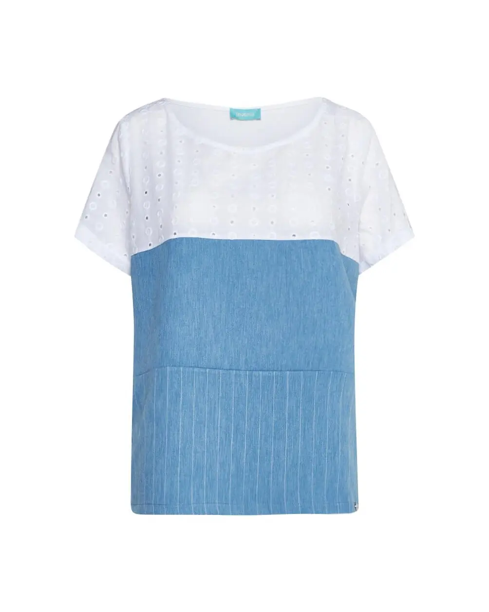 Maglia girocollo stile patchwork in jersey di viscosa con inserti in pizzo sangallo e chambray gessa BIANCO - Image 2