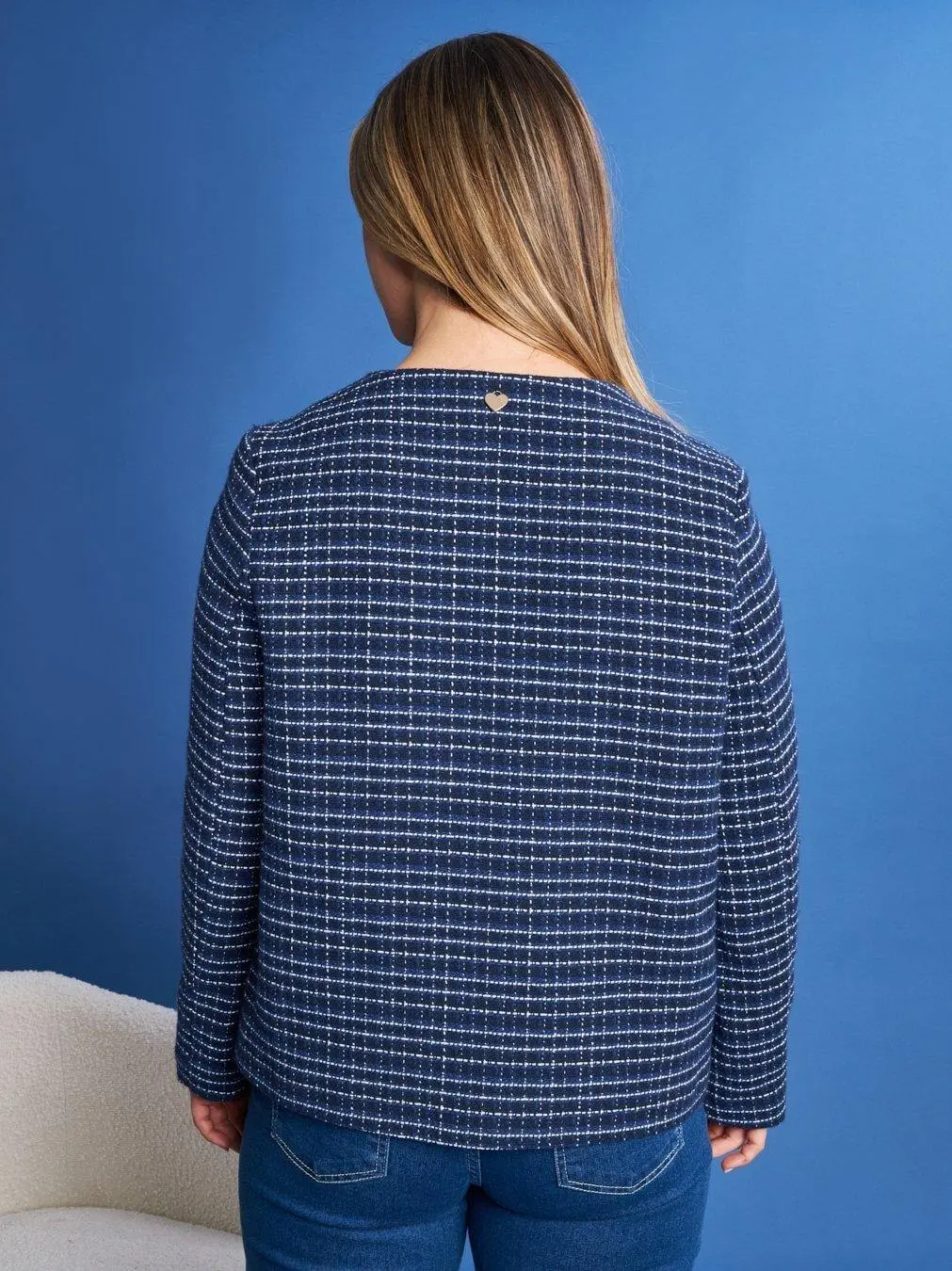 Giacca girocollo in tweed di misto cotone bi-colore BLU - Image 4