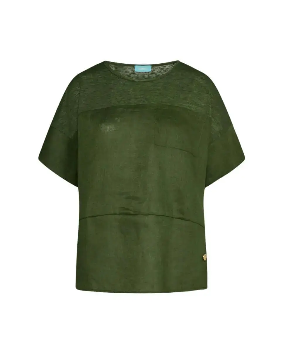 T-shirt girocollo combinata in lino e jersey melange con tasca sul petto MILITARE