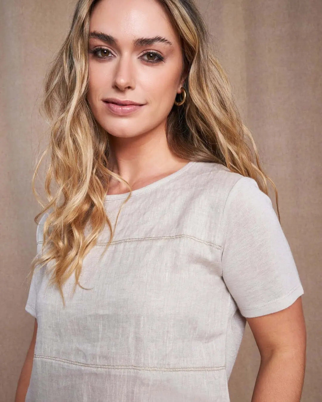 T-shirt combinata in lino e jersey melange con dettagli micro catene NATURALE - Image 3