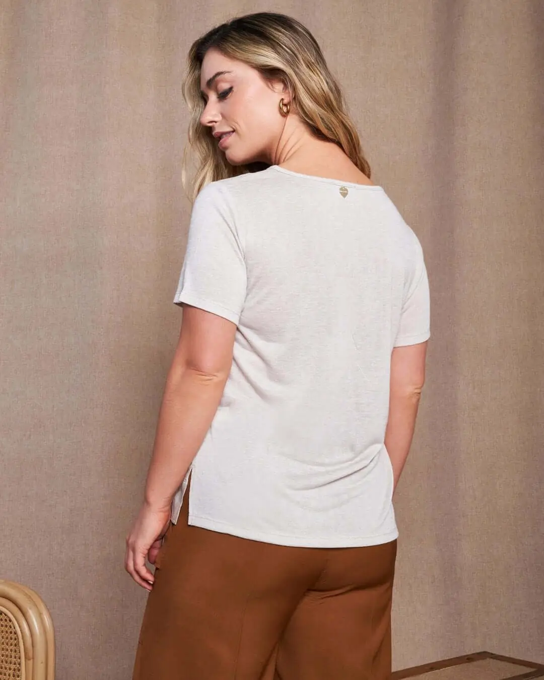 T-shirt combinata in lino e jersey melange con dettagli micro catene NATURALE - Image 5