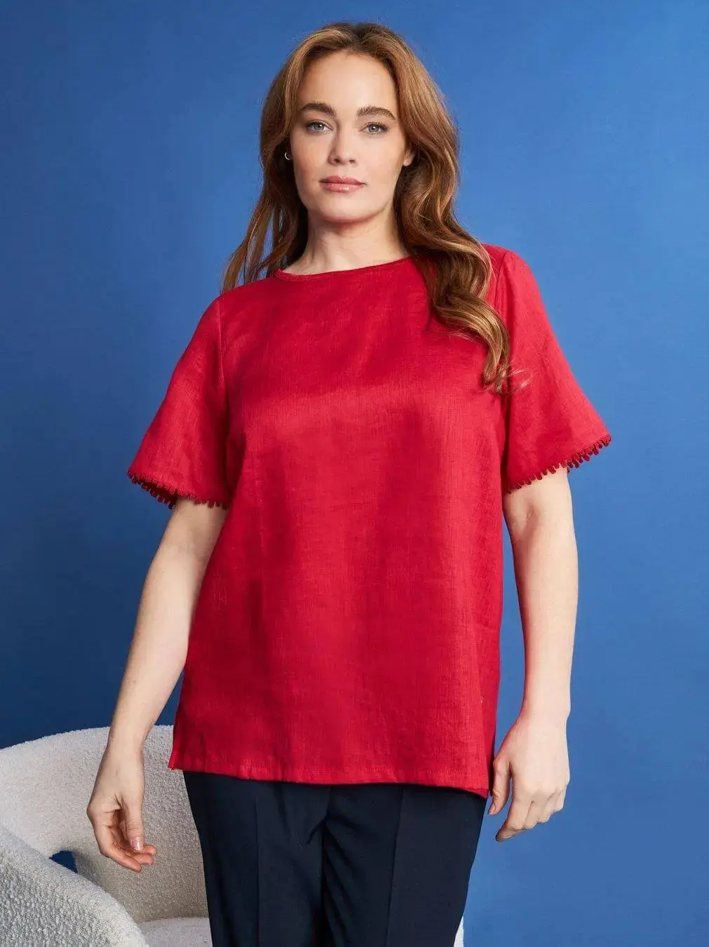 T-shirt in lino con retro in jersey melange e passamaneria applicata RED - Image 2