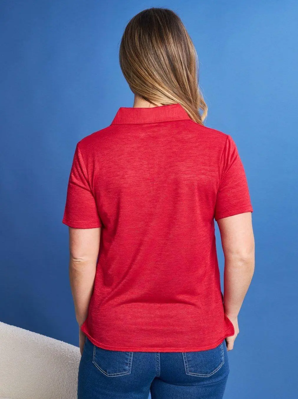 Polo scollo a V in lino con retro e maniche in jersey RED - Image 6
