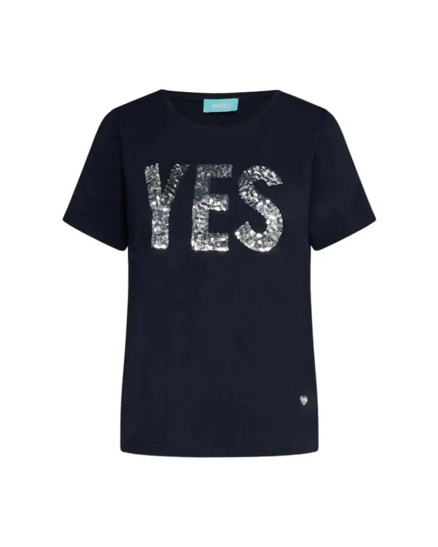 T-shirt girocollo in jersey di cotone elasticizzato con slogan in paillettes BLU