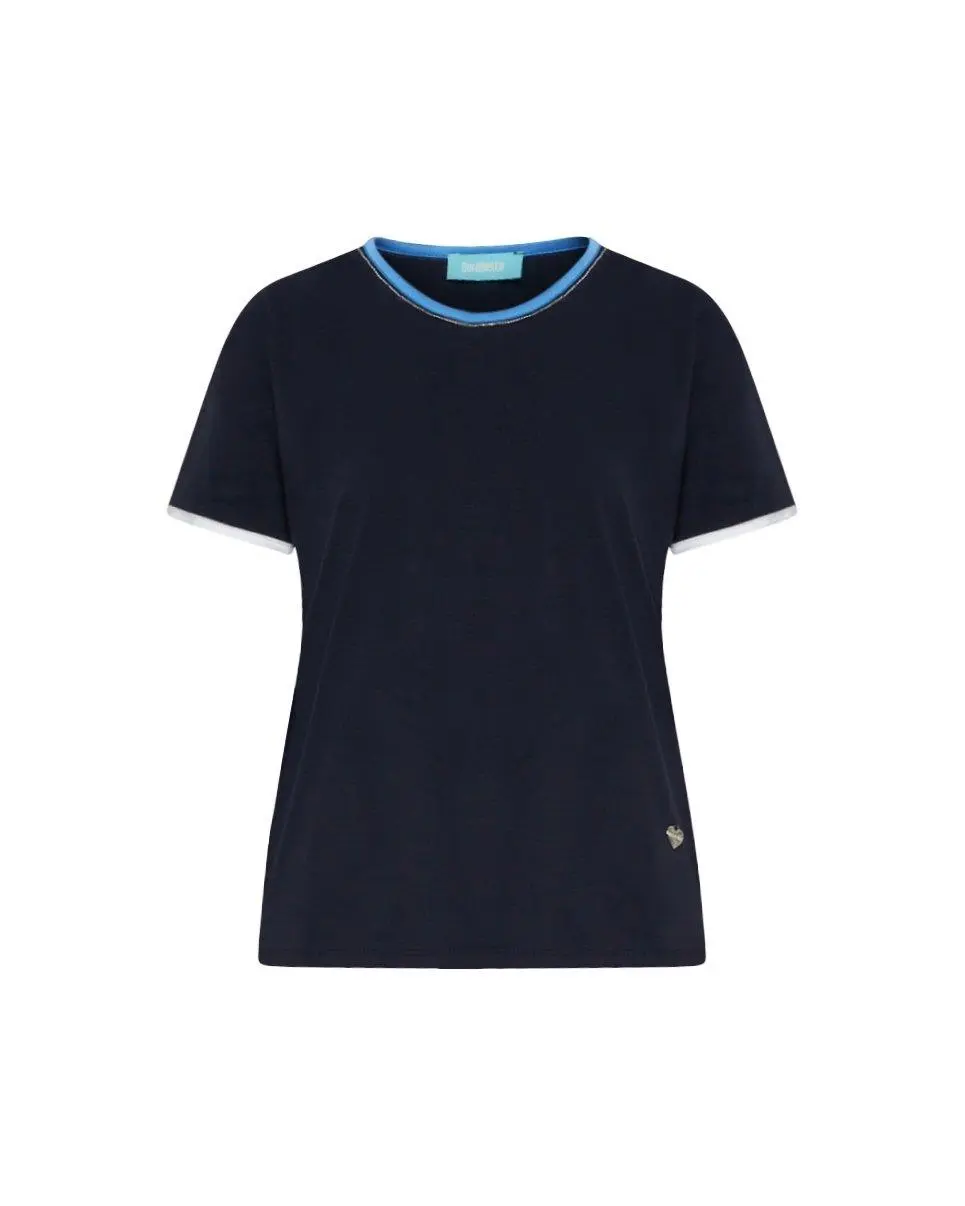 T-shirt girocollo in jersey di cotone elasticizzato con profili in raso e micro catena BLU - Image 2