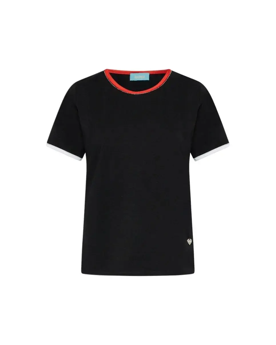 T-shirt girocollo in jersey di cotone elasticizzato con profili in raso e micro catena BLACK