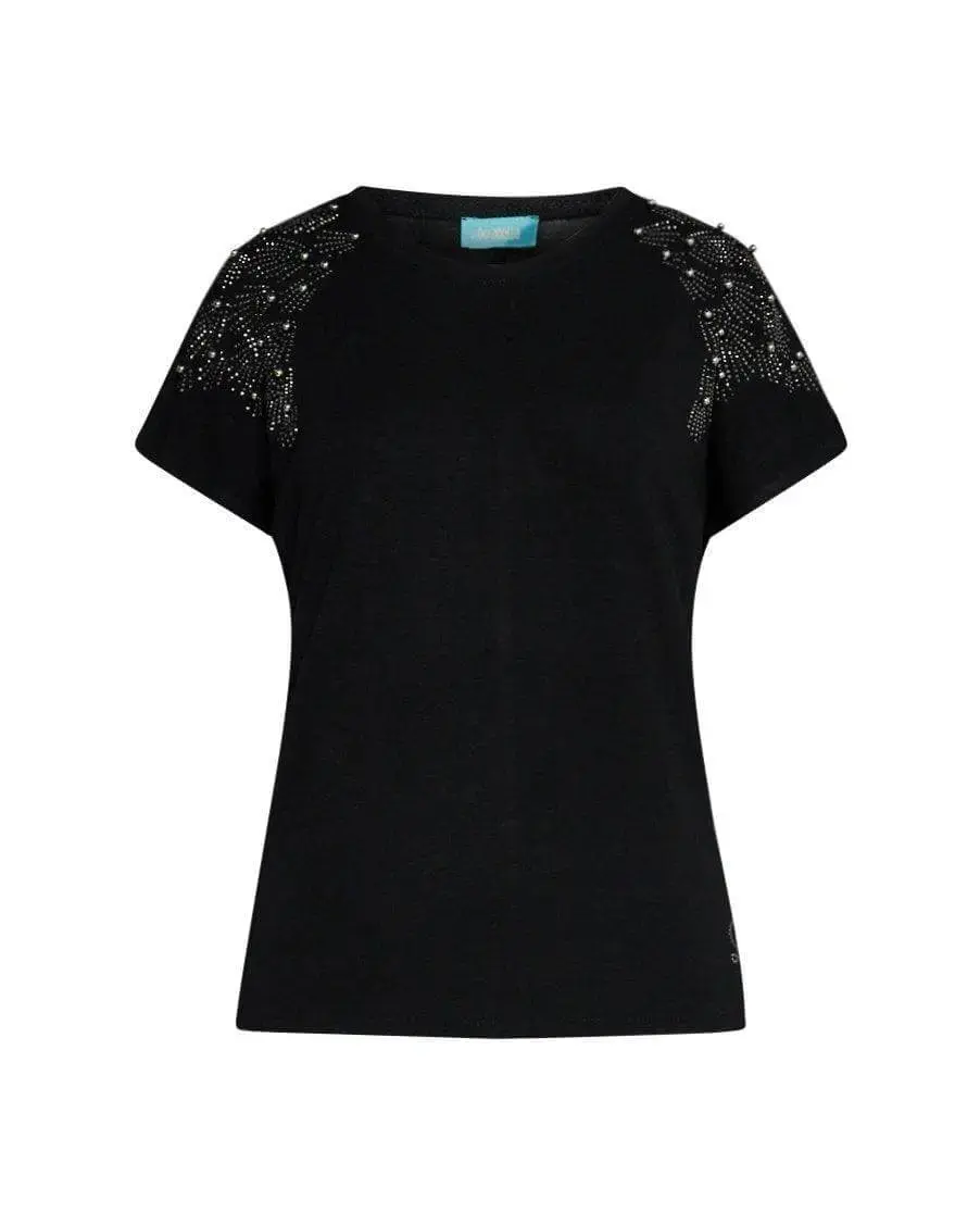 T-shirt kimono in jersey di viscosa elasticizzata con strass sulle spalle BLACK
