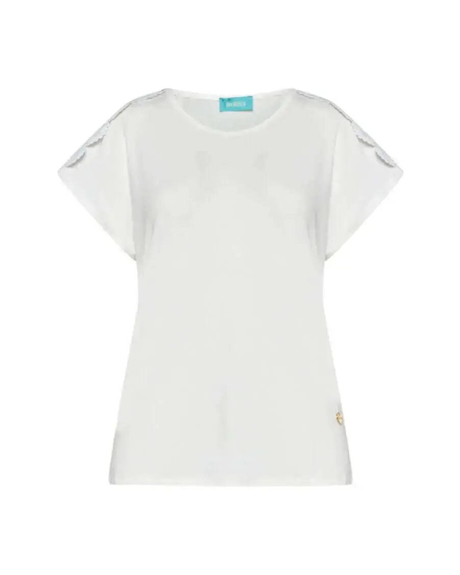T-shirt kimono in jersey di viscosa elasticizzata con pizzo sulle spalle BIANCO
